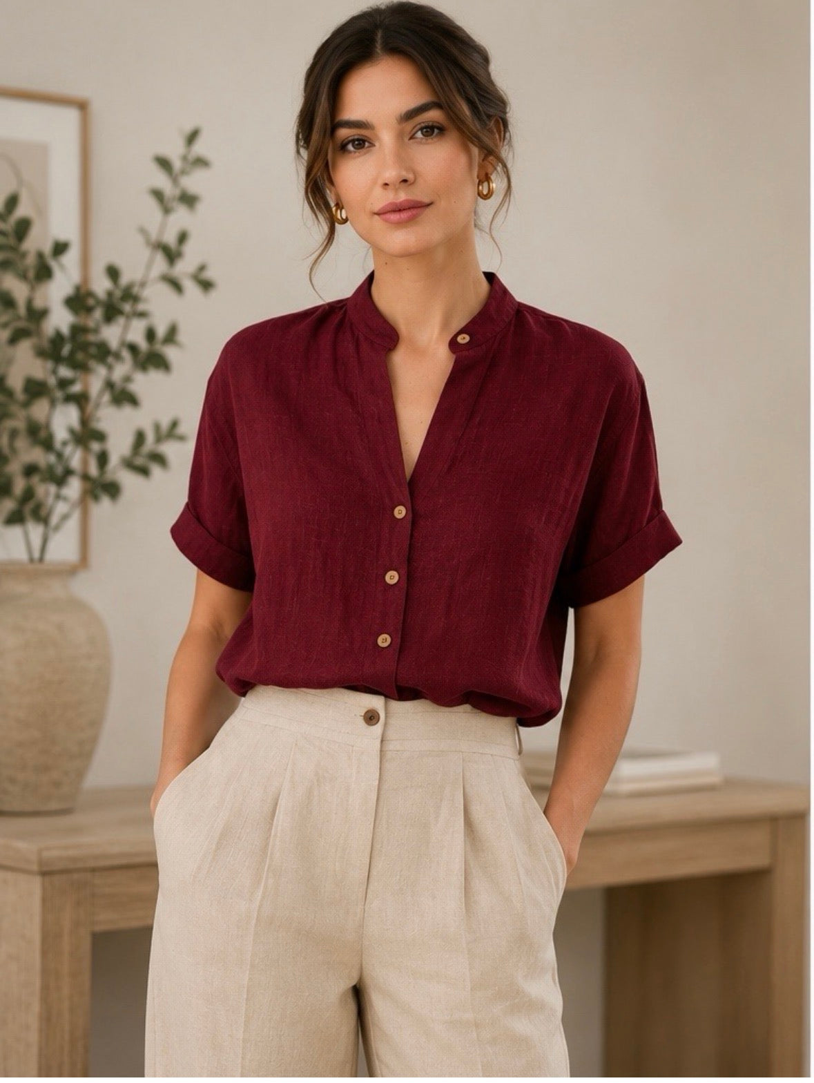Wine V Neck Blouse- NH2477
