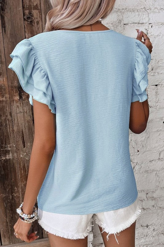 Blue Solid Color Blouse-LC25130897