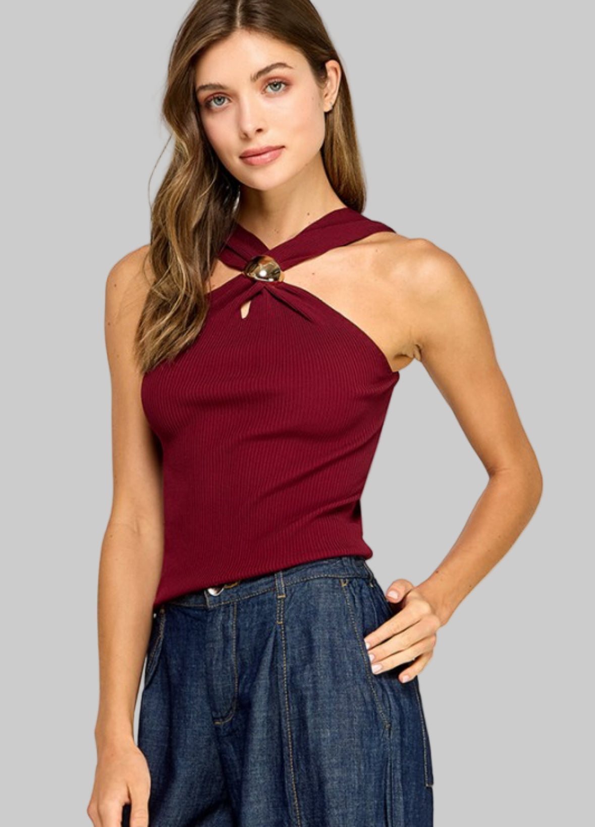 Burgundy Halter Neck With Trim Detail