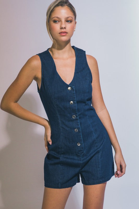 V-Neck Button-Front Denim Romper