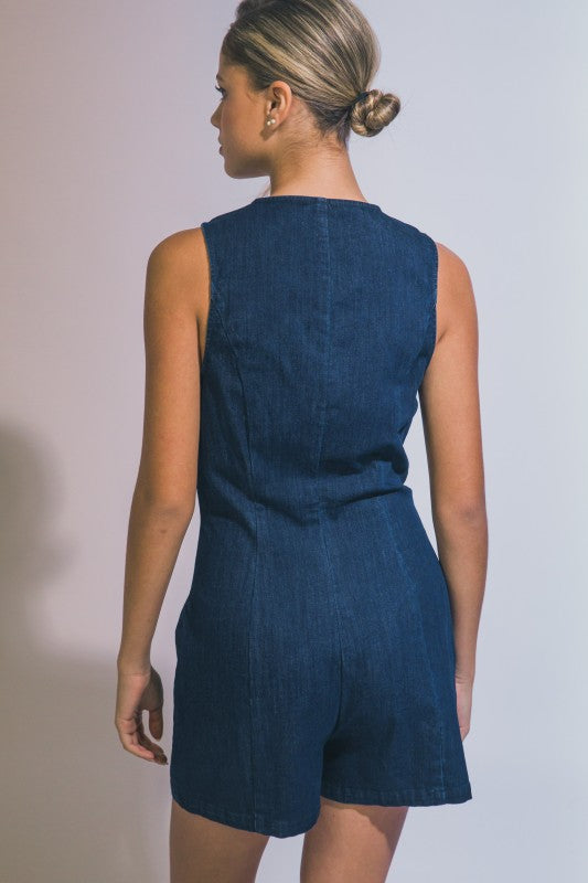 V-Neck Button-Front Denim Romper