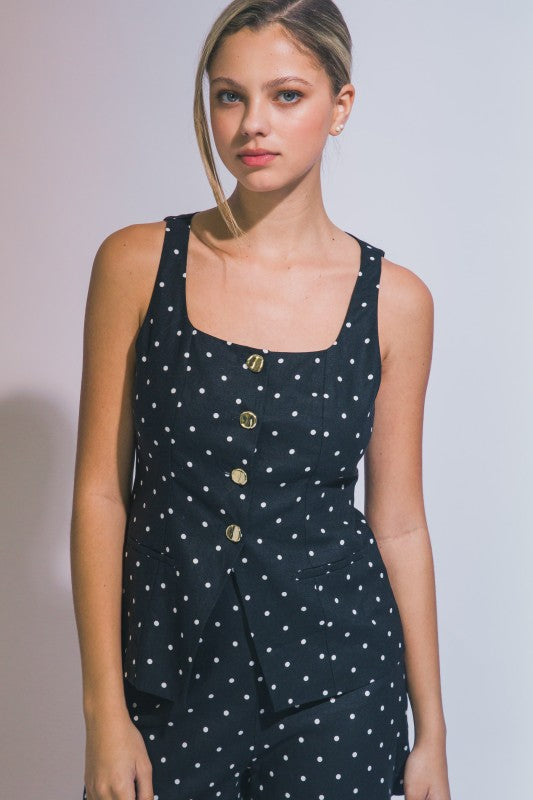 Polka Dots Linen Top w/Gold Buttons