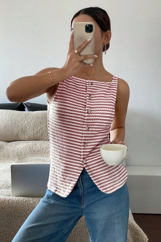 Stripe Tank Top Button Front-YF9830