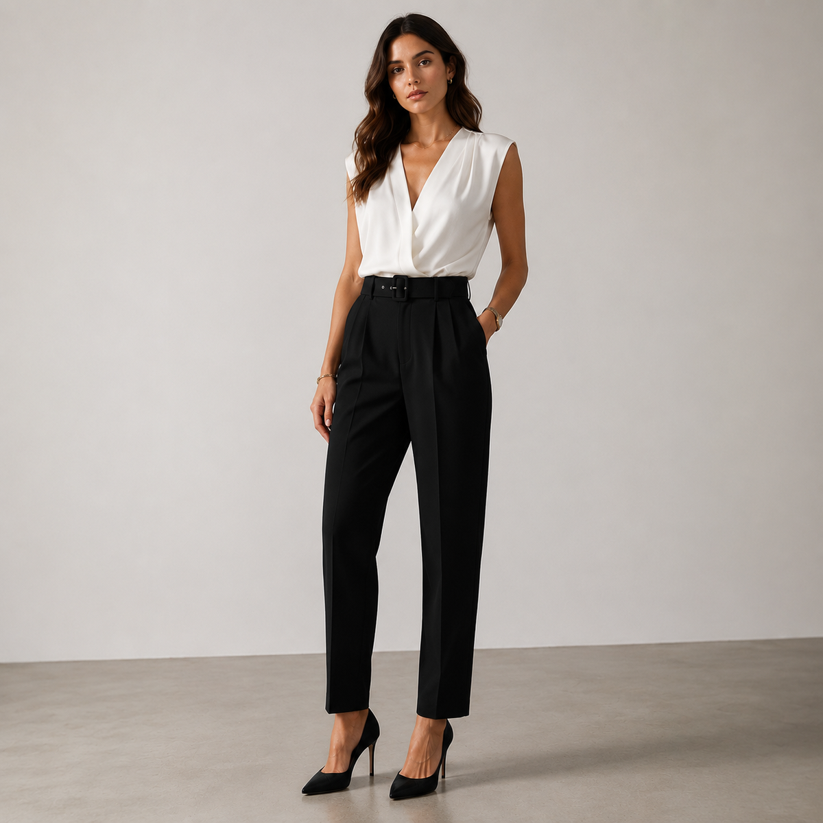 BLACK BUSINESS CHIC BELTED PANTS -NH6057